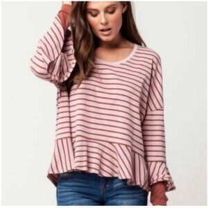 Free People Soft Striped Ruffle Hem Oversized Tunic Womens Top With Contrast Sle